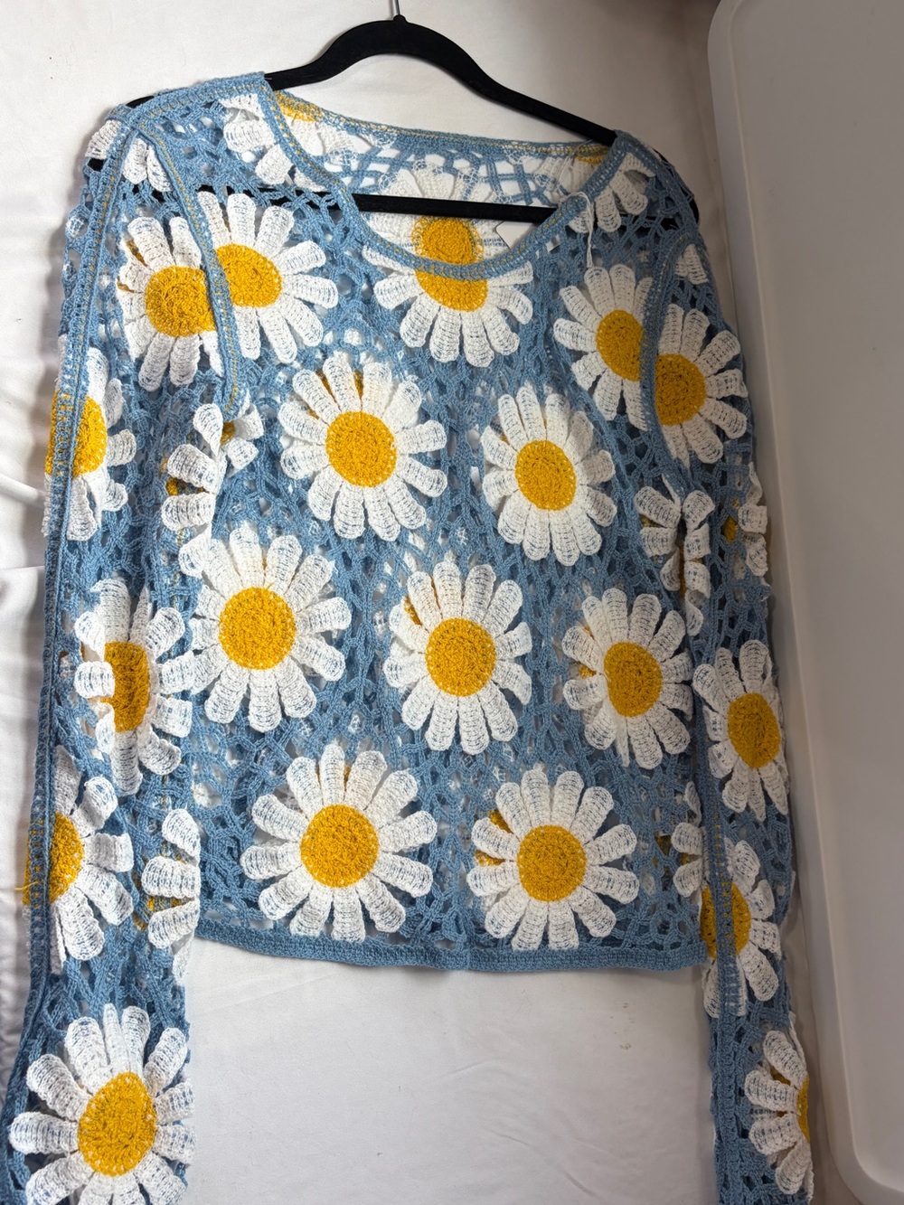 Blue Crochet Daisy Crewneck Sweater with Yellow Centers